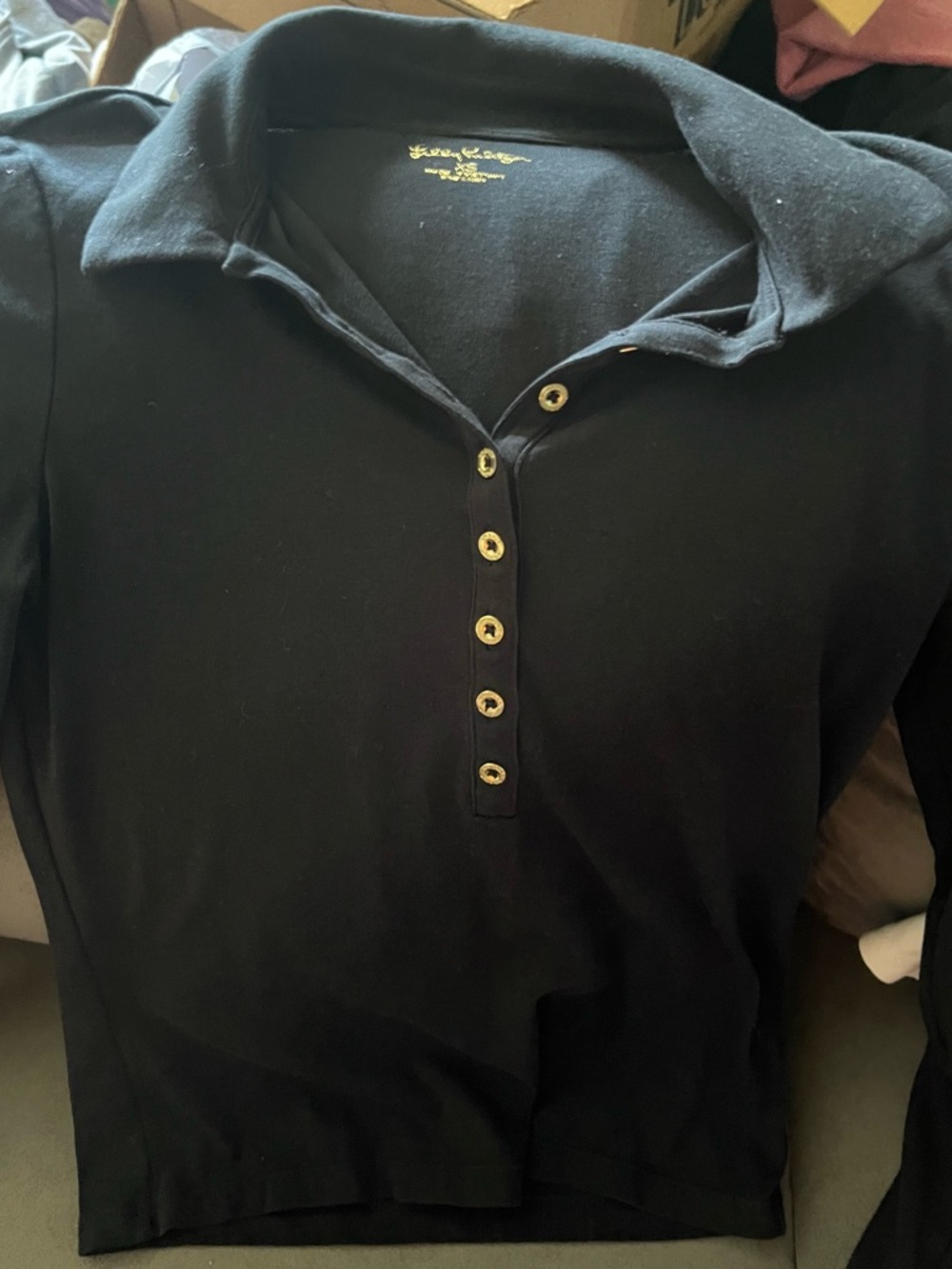 Lily Pulitzer Black Long Sleeve Polo Top with Gold Buttons